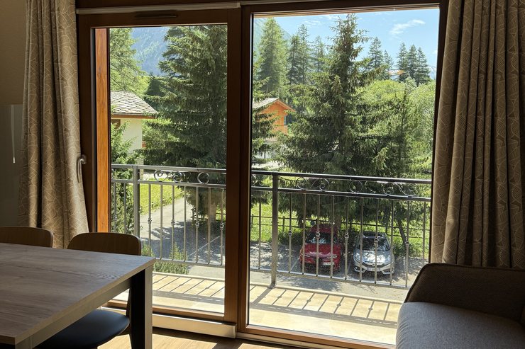 Vue sur les sapins et le jardin depuis le séjour - appartement 4 Résidence L'Ancolie Bessans